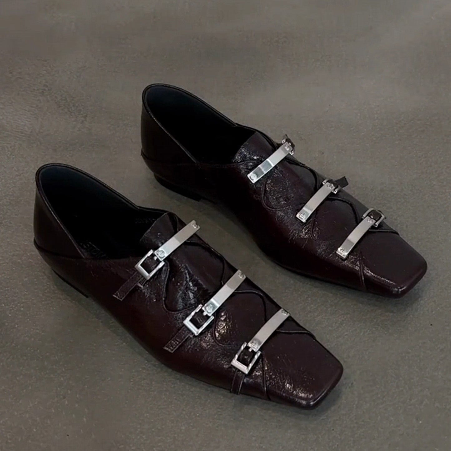 Women's Retro Metal Buckle Temperament Square Toe Flat Bottom Mary Jane Women's Fashion Shoes