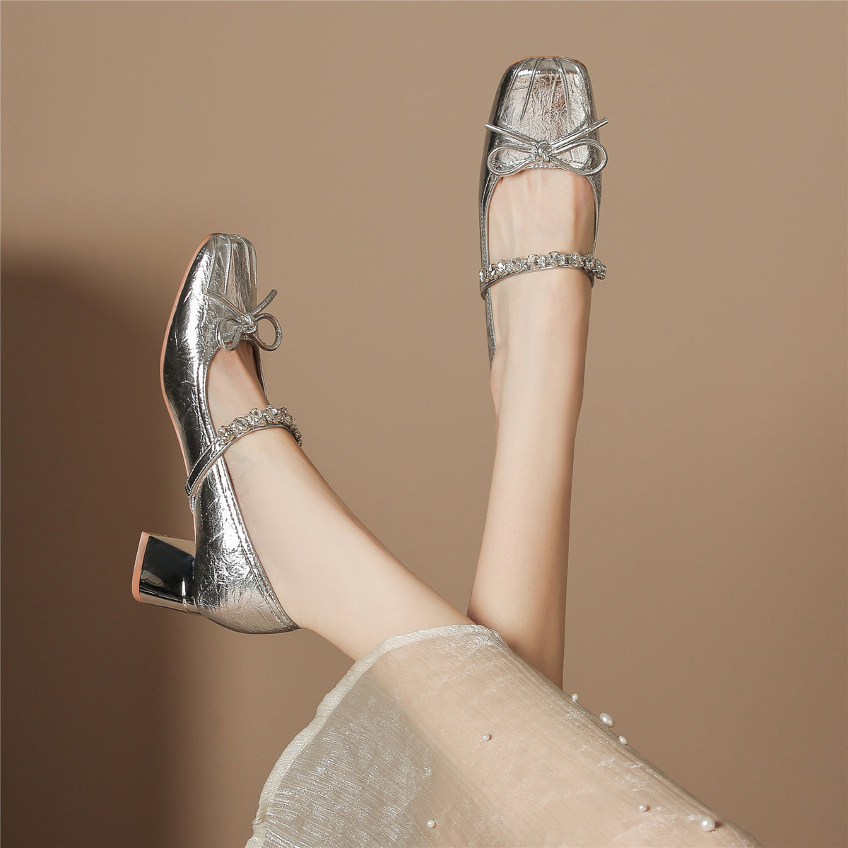 Women's Bow Rhinestones Strap Ballet Style Mary Jane Classic Heels