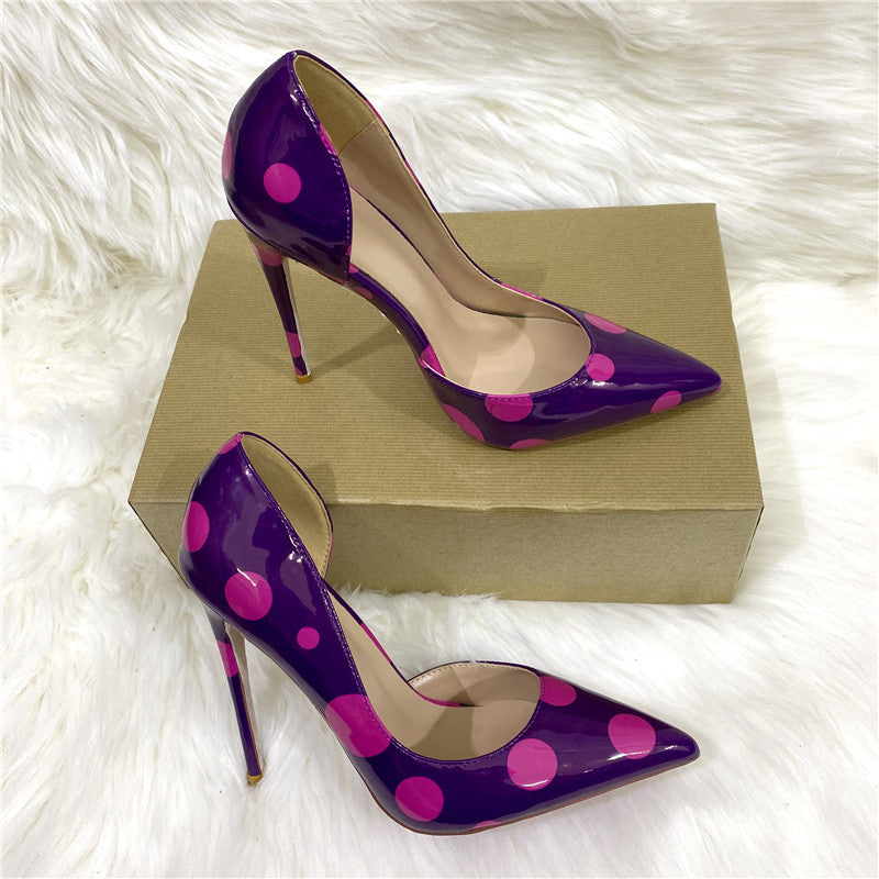 Purple Polka Dot Side Empty High Pointed Toe Stiletto Women's Fashion Shoes