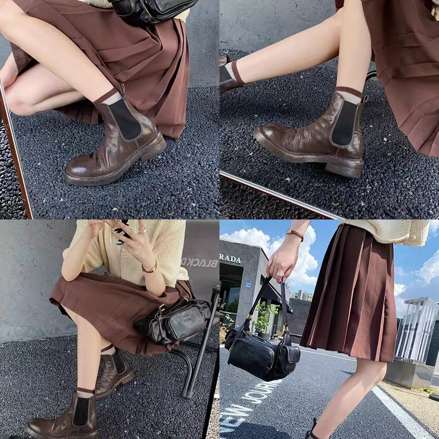 Women's Cowhide Washed Horse Pleated Chunky Platform Smoke Boots