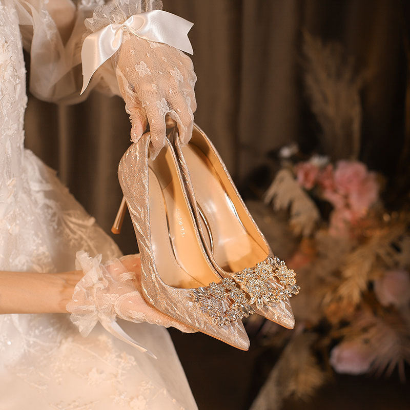 Square Buckle Bright Crystal Bridesmaid French Heels