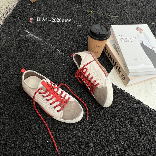 Women's Bottom Spring Round Toe Lace Color Block Versatile Women's Casual Shoes