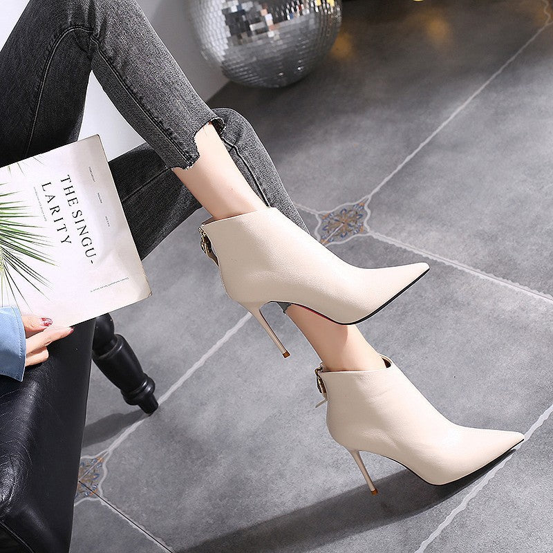 Women's British Style Beige Stiletto Pointed Graceful Women's Leather Boots