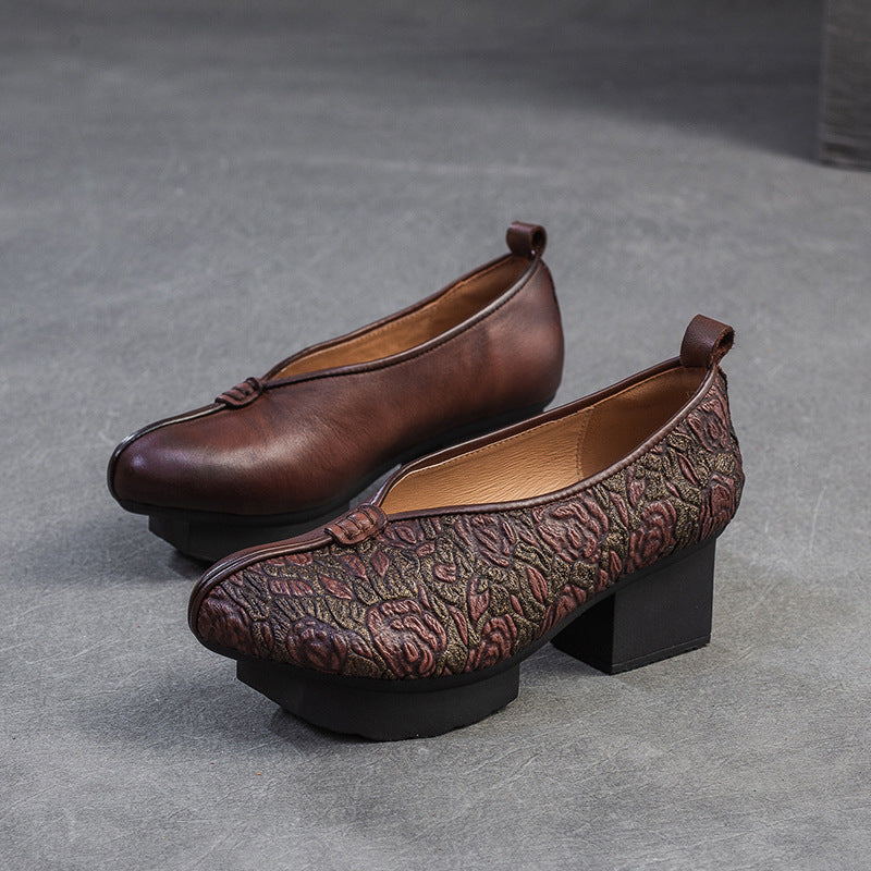 Women's Style Traditional Chunky Pumps First Layer Cowhide Embossed Women's Casual Shoes