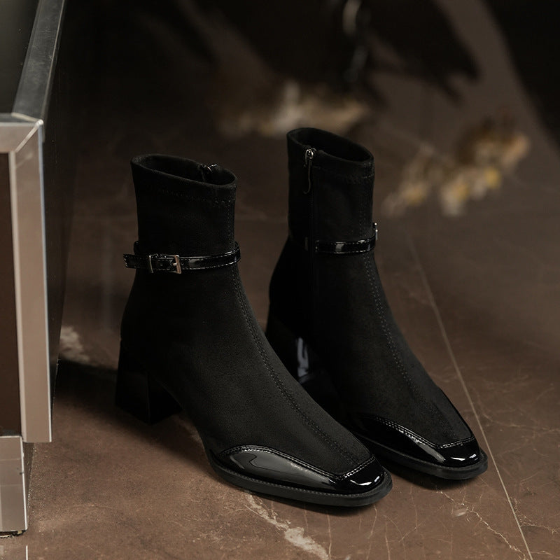 Women's Cashmere Stitching Square Toe Booties Chunky High Skinny Joker Women's Leather Boots