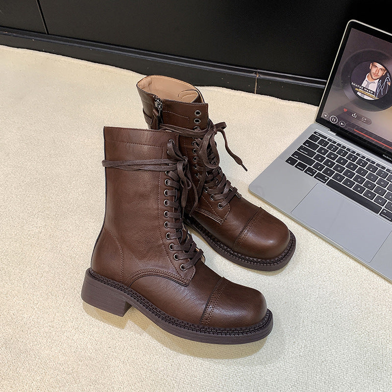 Women's French Past British Style Carving Round Toe Side Zipper Versatile Boots