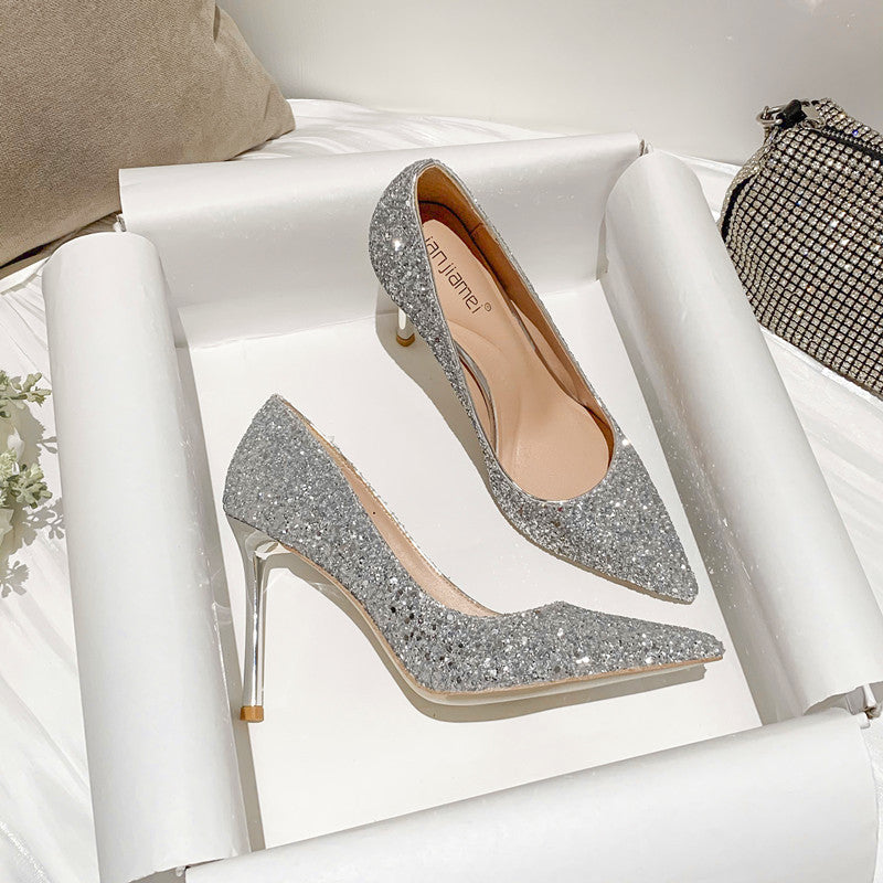 Women's Sequin Wedding Dress Two-way Wear Crystal High Stiletto Not Tired Heels