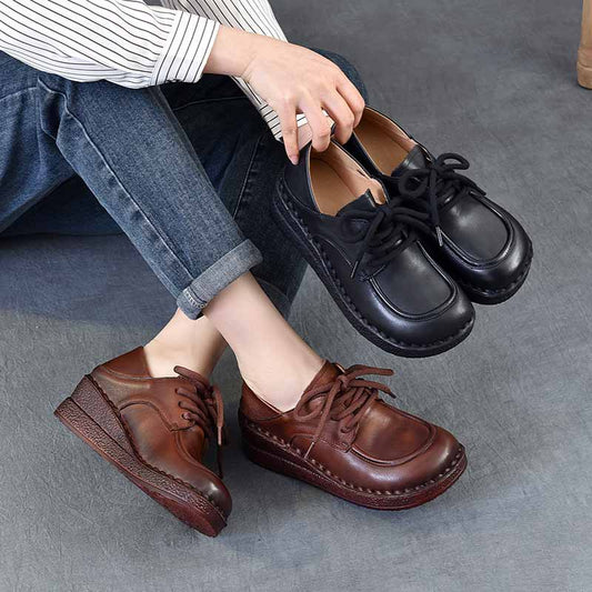Women's First Layer Cowhide Wedge Mom Comfortable Four Women's Casual Shoes