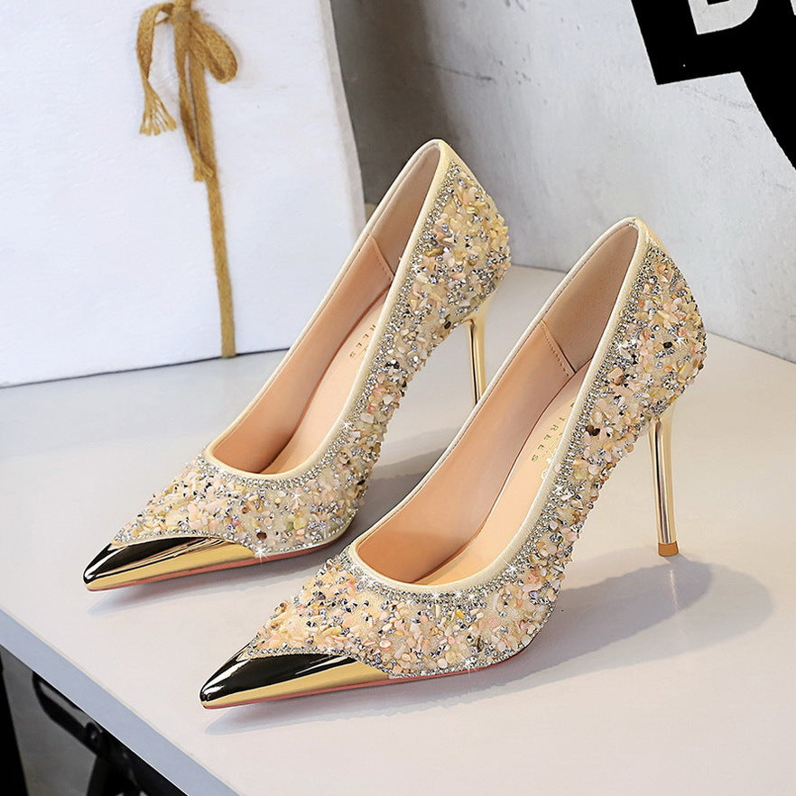 Women's Stiletto Rhinestone High Metal Pointed Low-cut Slip-on Crystal Women's Fashion Shoes