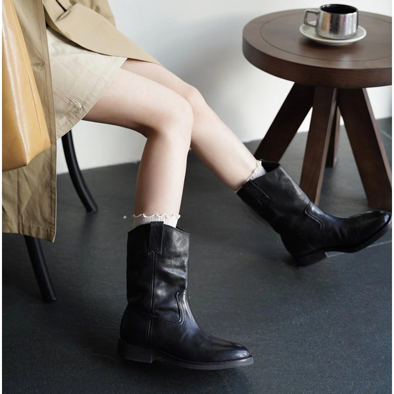 Women's Black Retro Fashion Western Denim Fashionable Chunky Women's Leather Boots