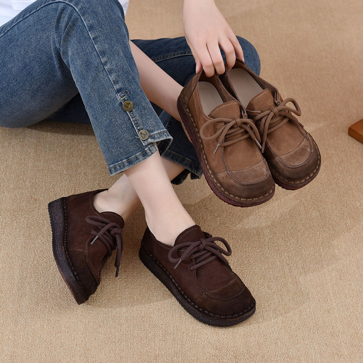 Women's First Layer Cowhide Handmade Retro Pumps Autumn Comfortable Soft Bottom Casual Shoes
