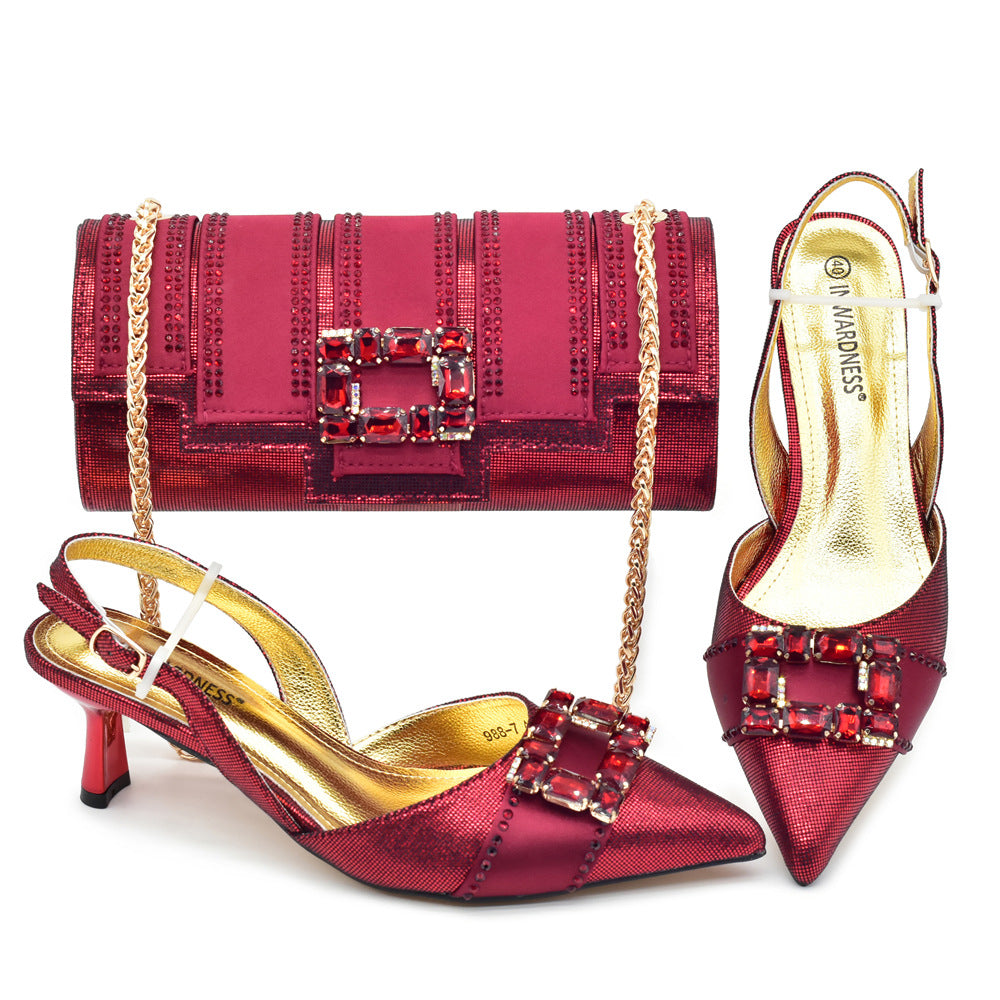Diamond Pointed Toe Thick With Dinner Bag Set Italian Women's Fashion Shoes