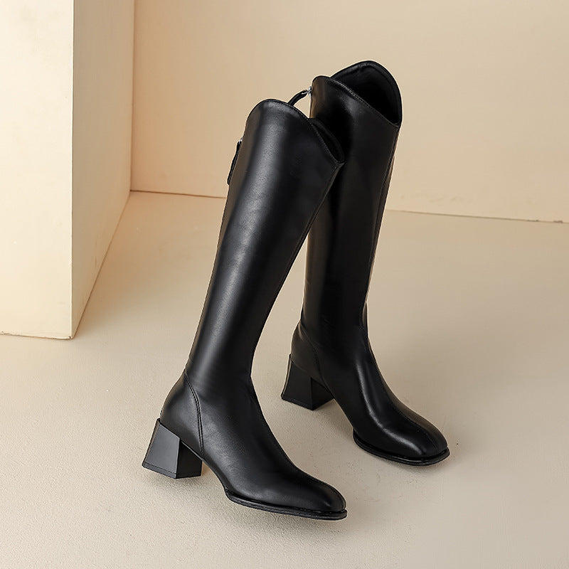 Women's Elastic Square Toe Chunky V Cut Back Zipper Slimming Below Women's Leather Boots