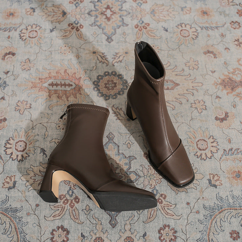 Square Toe Chunky Rear Zipper Martin High Heels