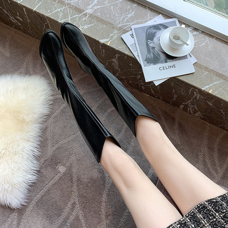 Women's Outer Wear High Leg Below The Knee V Cut Thick Women's Leather Boots