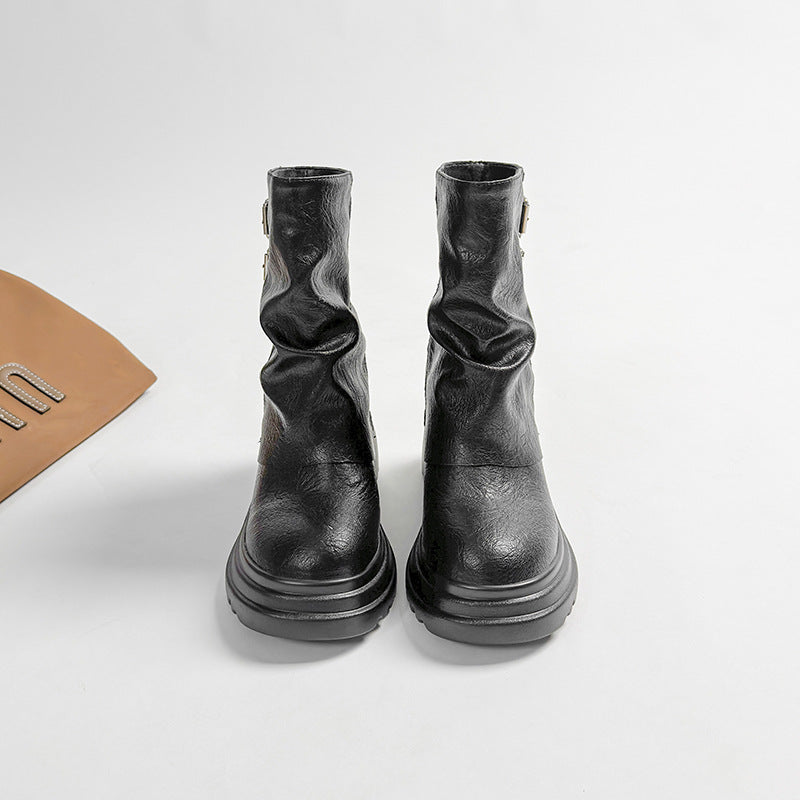 Women's Small Size Western Denim Riding Height Increasing Insole Platform Pleated Women's Leather Boots