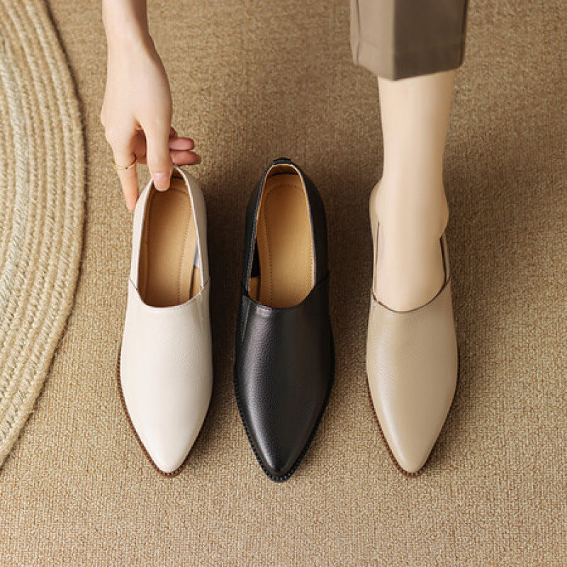 Genuine Handmade Pointed Sheepskin Temperament Deep Mouth Chunky Pumps Female Women's Casual Shoes