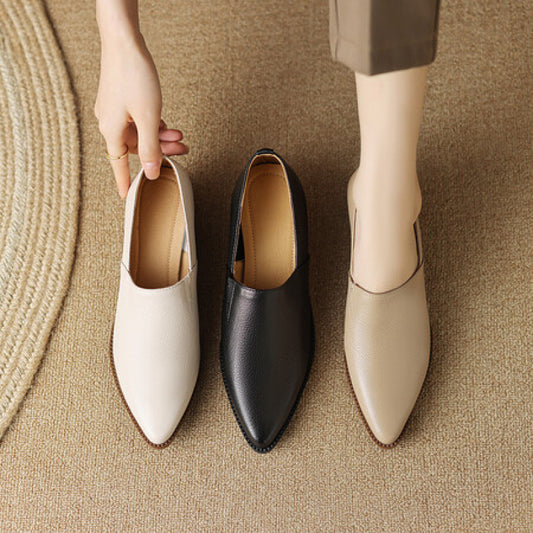 Genuine Handmade Pointed Sheepskin Temperament Deep Mouth Chunky Pumps Female Women's Casual Shoes