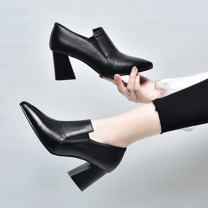 Women's High Deep Mouth Pumps Chunky Simple Leather Shoes