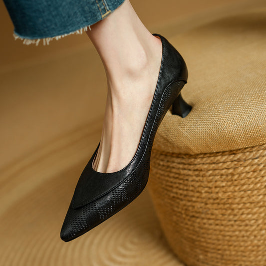 Women's High Spring Pointed Stiletto Stitching Mid Vintage Low-cut Women's Fashion Shoes
