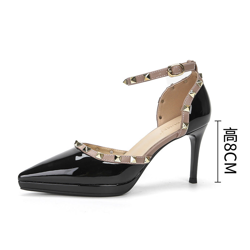 One-word Hollow High Pointed Toe Stiletto Rivet Waterproof Platform Not Heels