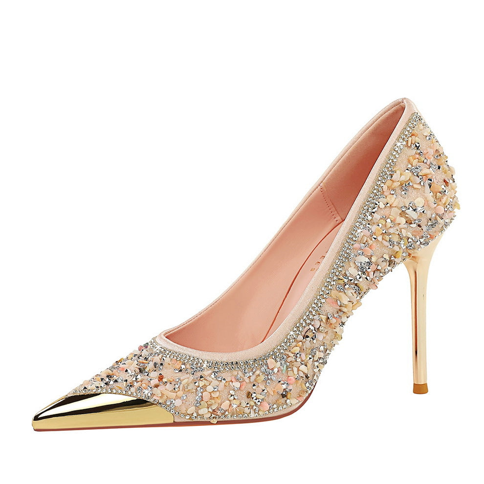 Women's Stiletto Rhinestone High Metal Pointed Low-cut Slip-on Crystal Women's Fashion Shoes