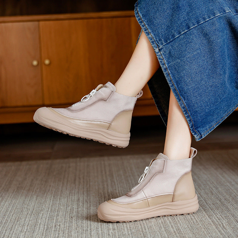 Cowhide Retro Platform Ankle Front Zipper Boots