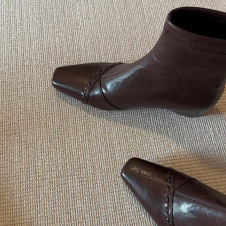 Women's Version Square Toe Genuine Simple Skinny French Gentle Back Zipper Women's Leather Boots