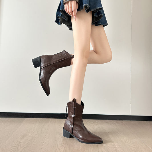 Women's Autumn Denim Fashion Retro Pointed Toe Knee-high Platform Design Ankle Women's Leather Boots