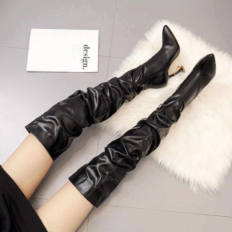 Women's Toe White High-heeled Knee-high Leg Trimming Slimming Wine Women's Leather Boots