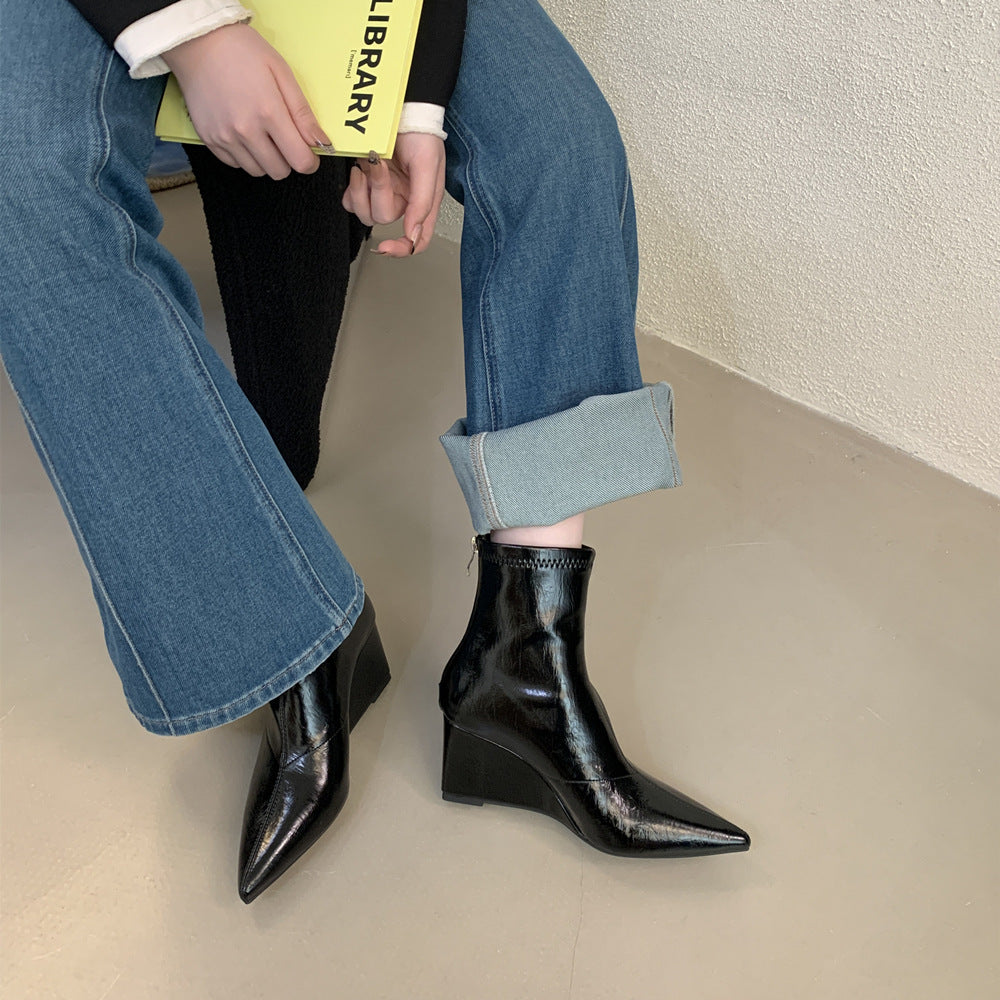 Women's High-grade Pointed Toe Wedge Short Back Zipper Skinny High Women's Leather Boots