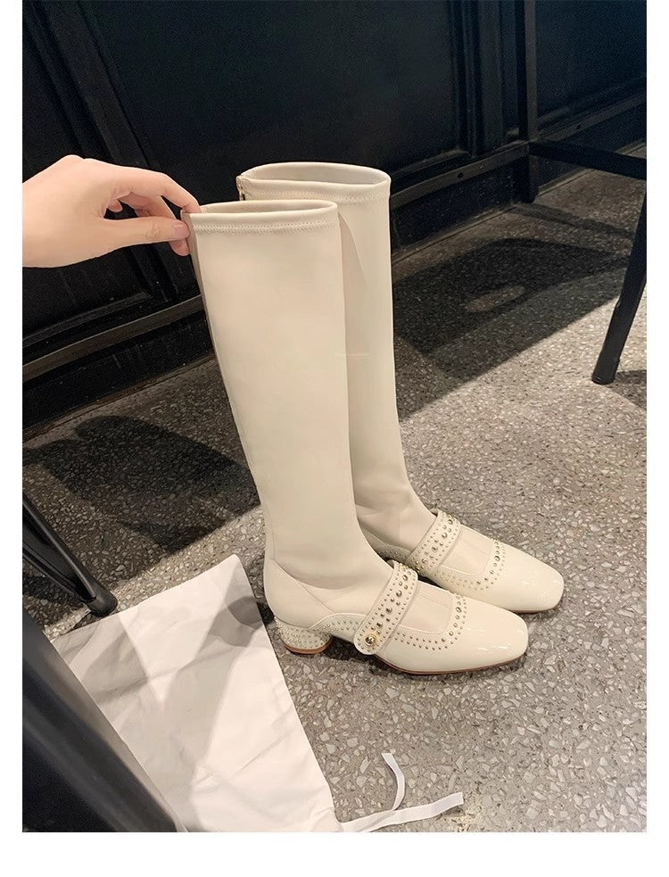 Square Toe Rivet Strap Knight Thick Thin Female Grape Women's Leather Boots