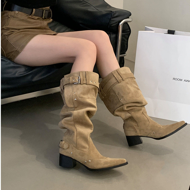 Women's The Knee Pointed Toe Chunky Black Pile Women's Leather Boots