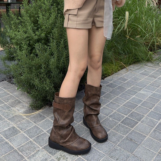 Women's Coffee Color Distressed Pleated Length Loose Socks Sleeve Pants Thick Boots