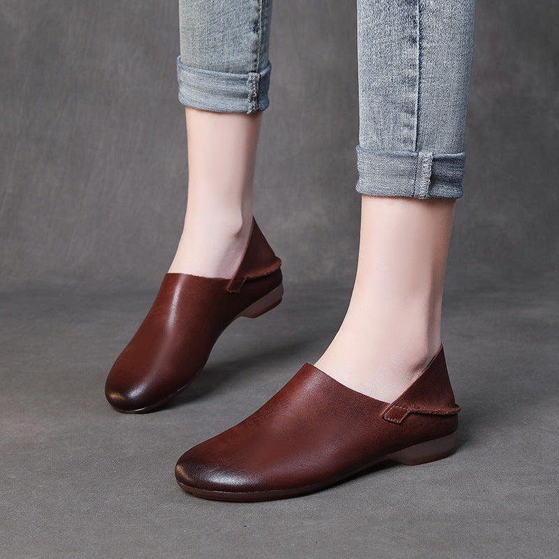 Women's First Layer Cowhide Flat Soft Bottom Pumps Artistic Retro Handmade Heels