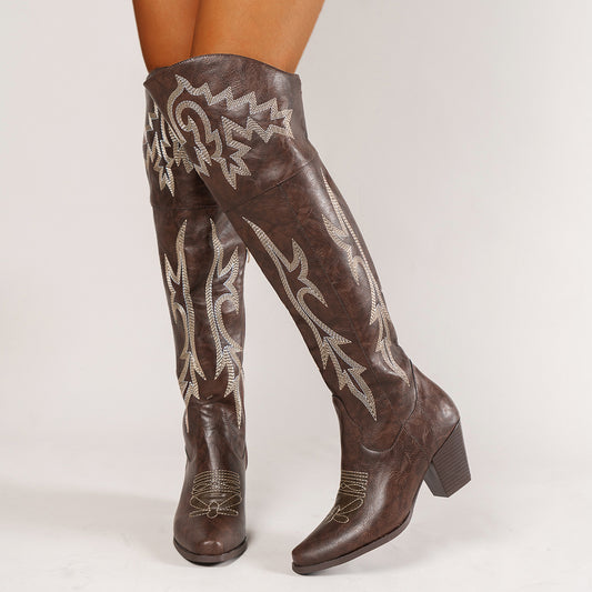 Women's Large Size Long Western Cowboy Knight Over The Knee Women's Leather Boots