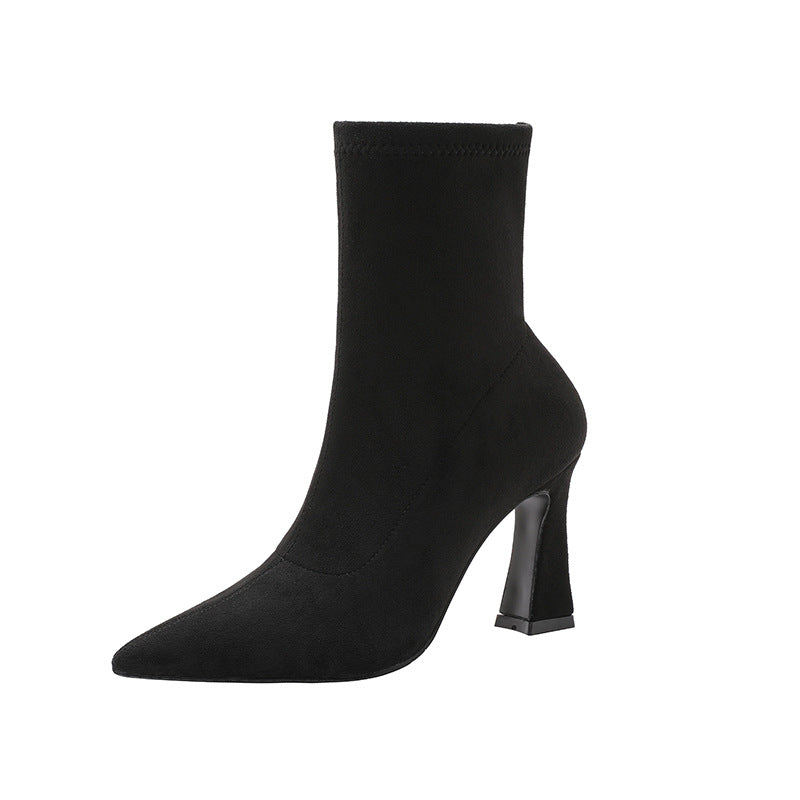Women's Stretch Thin Black For Chunky Suede Pointed High Mid Short Women's Leather Boots