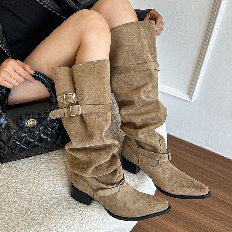 Women's Knight Retro Below The Knee Pointed Toe Chunky Women's Leather Boots