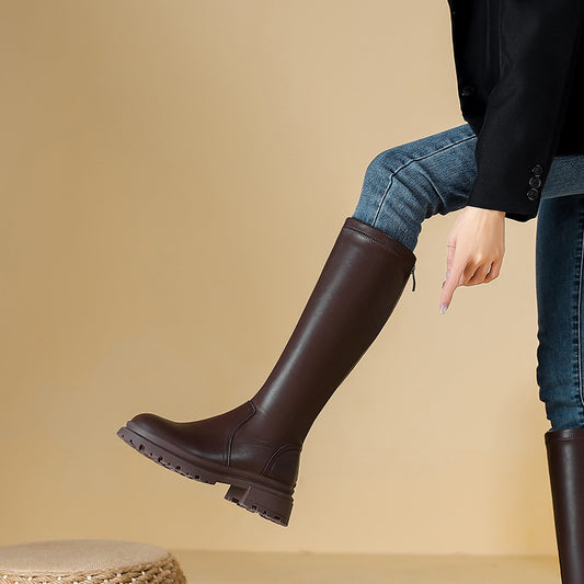 Platform Large Small Size Fleece-lined Below The Knee Fat Widened Women's Leather Boots