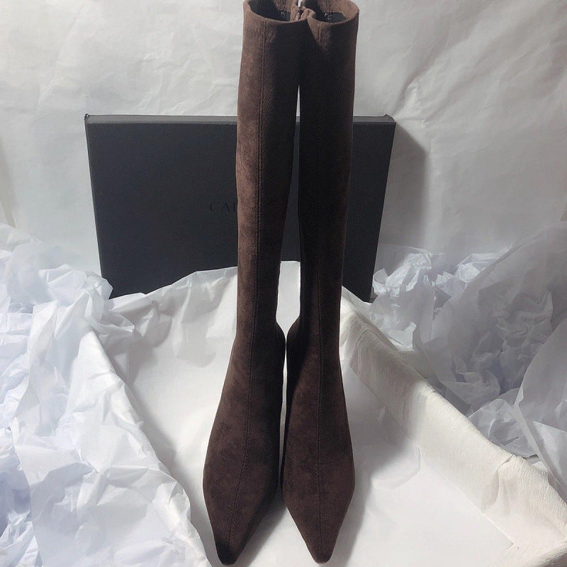 Men's Simple Below The Knee Stretch Frosted Skinny Side Zipper Pointed Women's Leather Boots