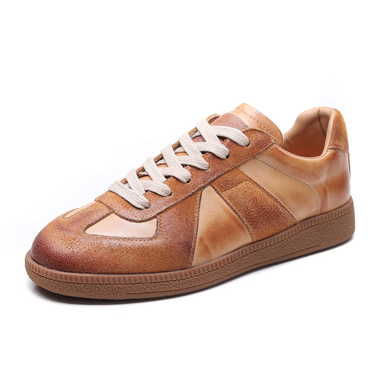 Layer Cowhide Handmade Retro German Training Round Toe Women's Sports Shoes