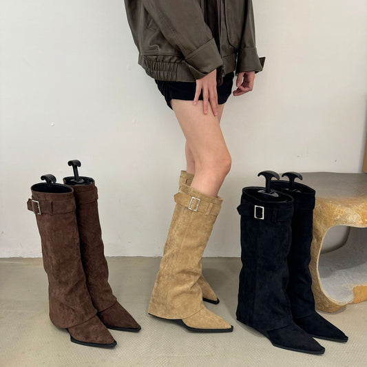 Wedge Suede High Pointed Toe Pantyhose Long Boots