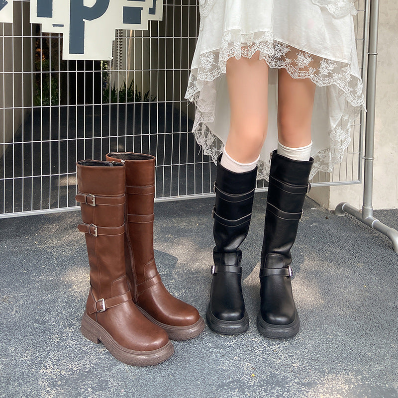 Women's Platform Knee-high Western Cowboy Tall Knight Waste Soil Round Head Heels