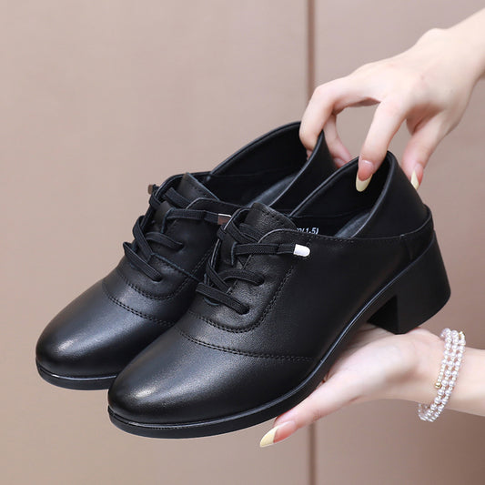 Women's British Style First Layer Cowhide Chunky Slip-on Women's Casual Shoes