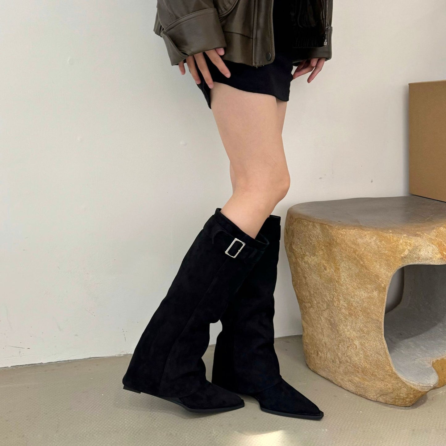 Wedge Suede High Pointed Toe Pantyhose Long Boots