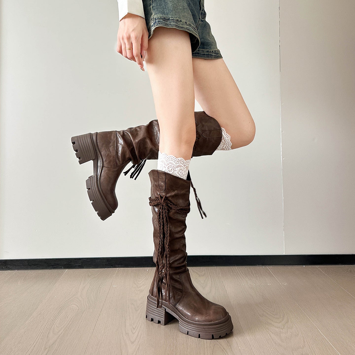 Autumn Tassel High Leg Chunky Platform Below The Knee Slimming Women's Leather Boots