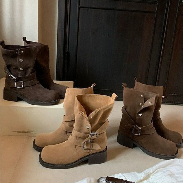 Height Increasing Autumn Fold Two-way Buckle Cow Suede Boots