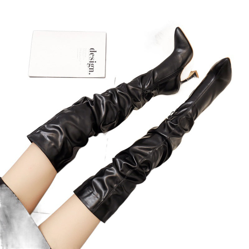 Women's Toe White High-heeled Knee-high Leg Trimming Slimming Wine Women's Leather Boots
