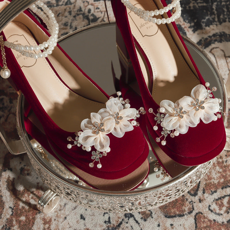 Jane Princess Bridesmaid Flower Pearl Chain Chunky Women's Fashion Shoes