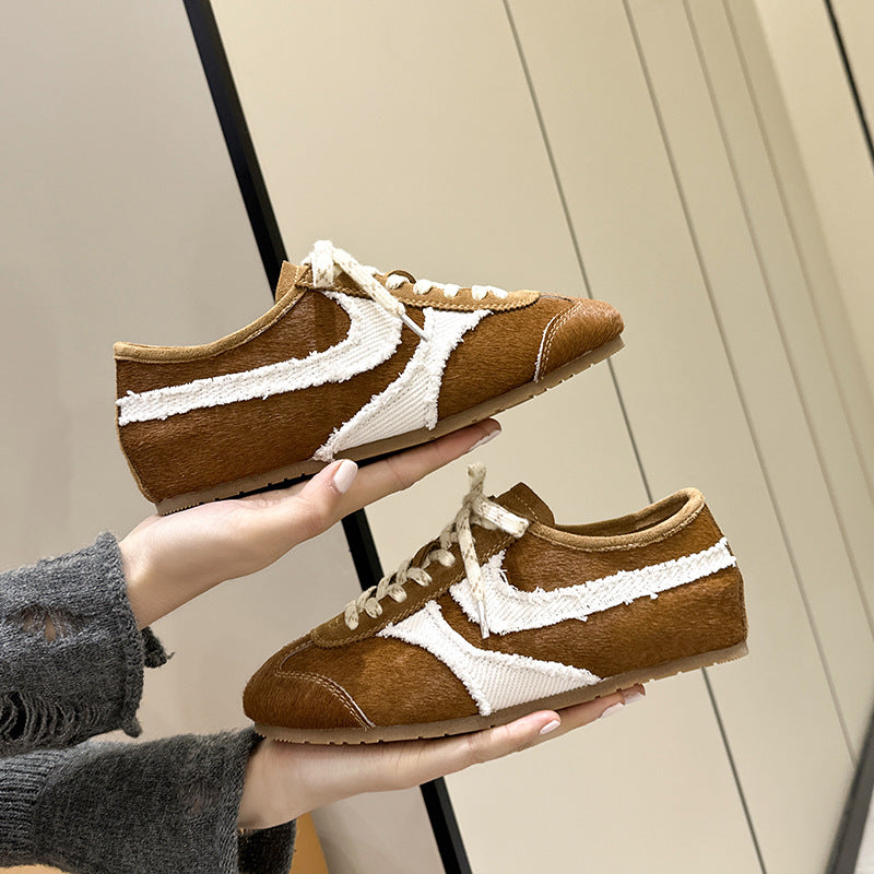Women's Genuine Real Horse Fur Leopard Print Argan Retro Contrast Color Women's Sports Shoes
